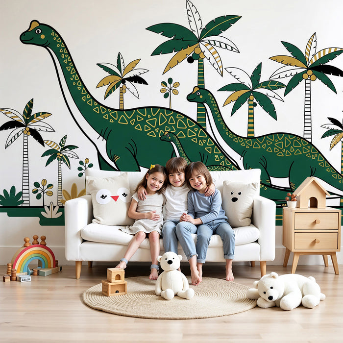Kids room wallpaper | Majestic dinosaurs amidst exotic palm trees