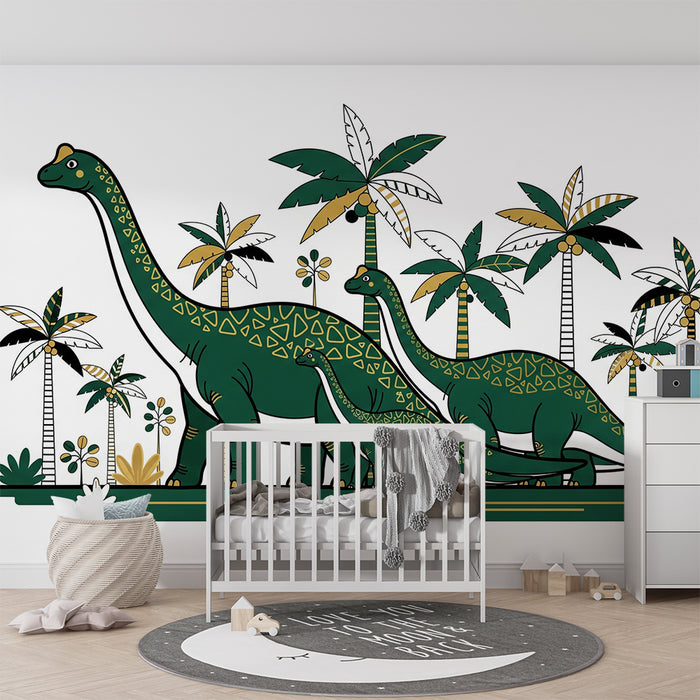 Kids room wallpaper | Majestic dinosaurs amidst exotic palm trees