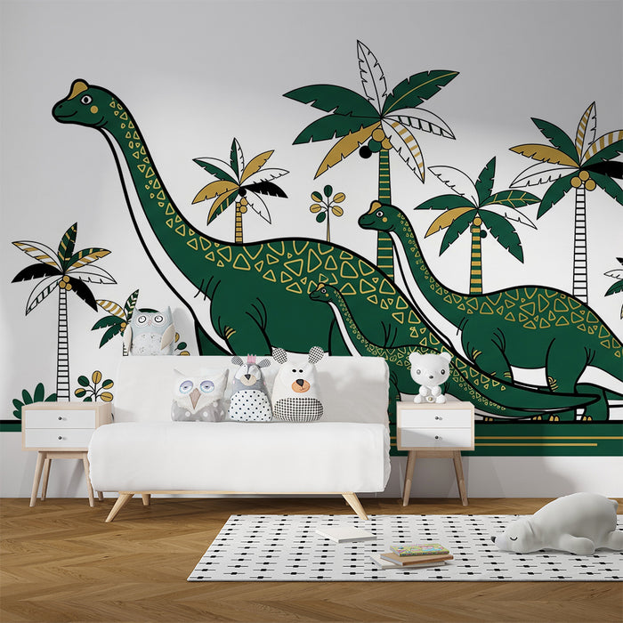 Kids room wallpaper | Majestic dinosaurs amidst exotic palm trees