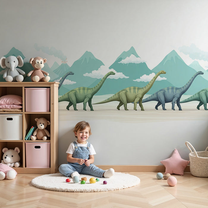 Carta da parati bambini | Dinosauri maestosi in un paesaggio preistorico