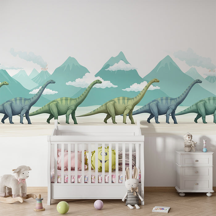 Carta da parati bambini | Dinosauri maestosi in un paesaggio preistorico