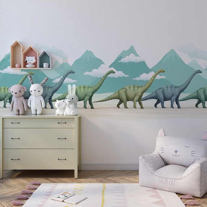 Carta da parati bambini | Dinosauri maestosi in un paesaggio preistorico