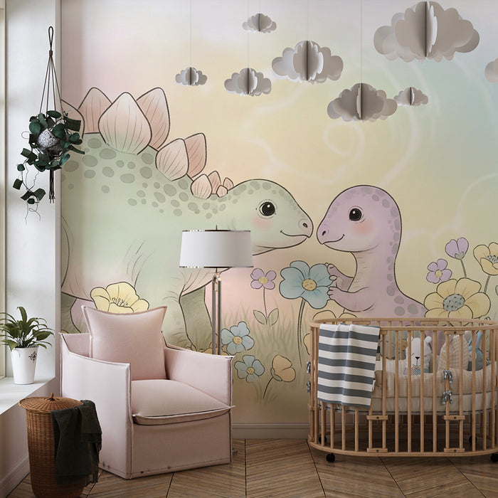 Barntapet | Söta dinosaurier mitt i färgglada blommor