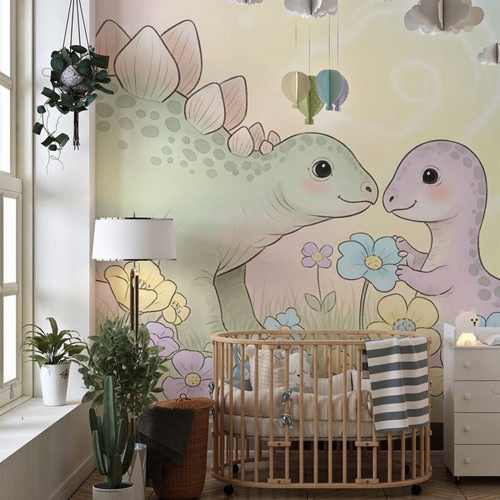 Barntapet | Söta dinosaurier mitt i färgglada blommor