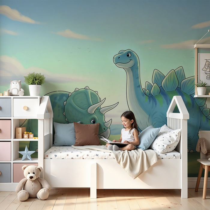 Gyermekszoba tapéta | Aranyos dinoszauruszok egy őskori tájban