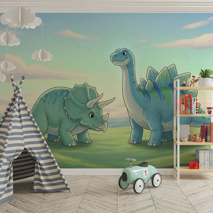 Gyermekszoba tapéta | Aranyos dinoszauruszok egy őskori tájban