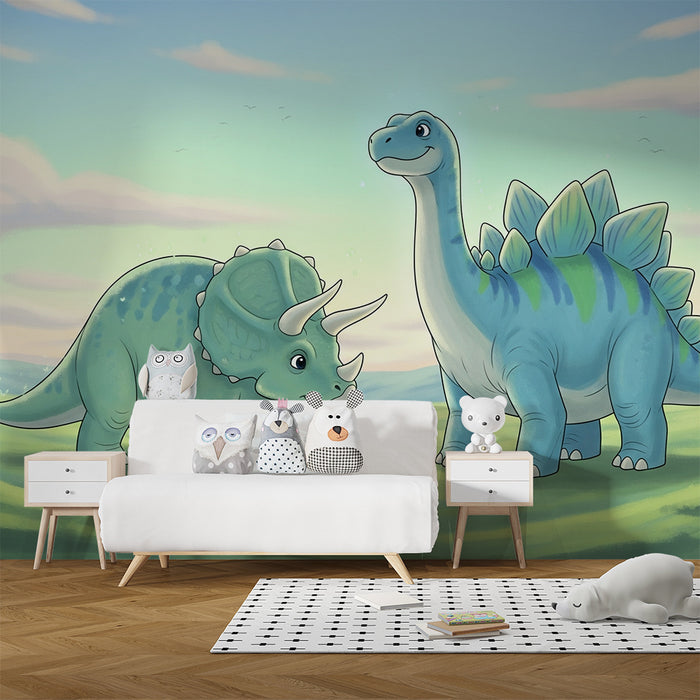 Gyermekszoba tapéta | Aranyos dinoszauruszok egy őskori tájban