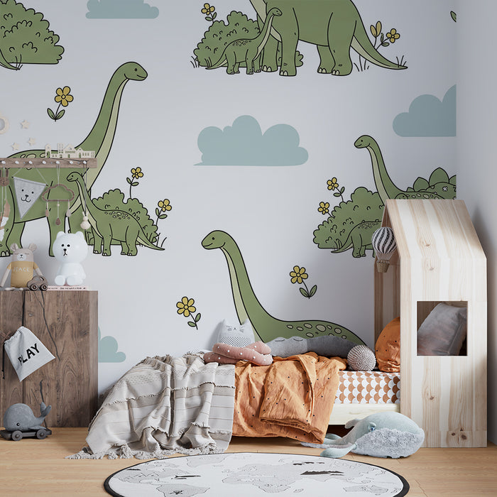Barntapet | Söta dinosaurier i en grönskande landskap