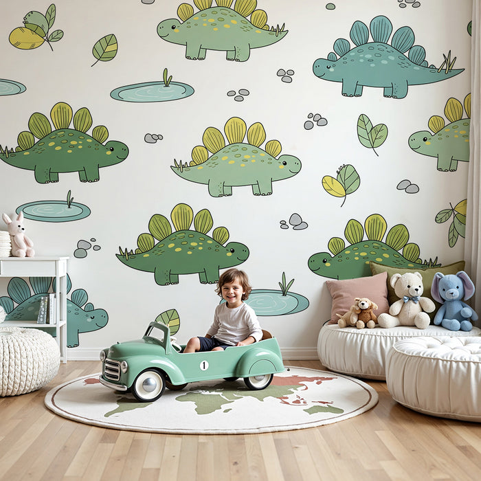Kinderzimmer Tapete | Niedliche Dinosaurier und bunte Blätter