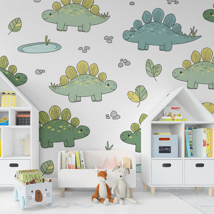 Kinderzimmer Tapete | Niedliche Dinosaurier und bunte Blätter