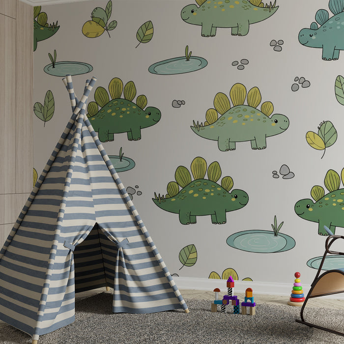Kinderzimmer Tapete | Niedliche Dinosaurier und bunte Blätter