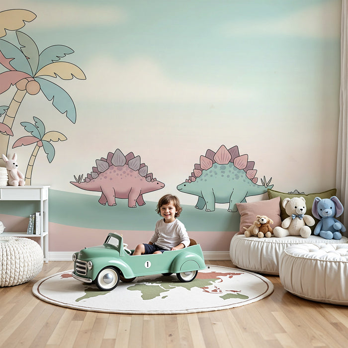 Barntapet | Söta dinosaurier under färgglada palmer