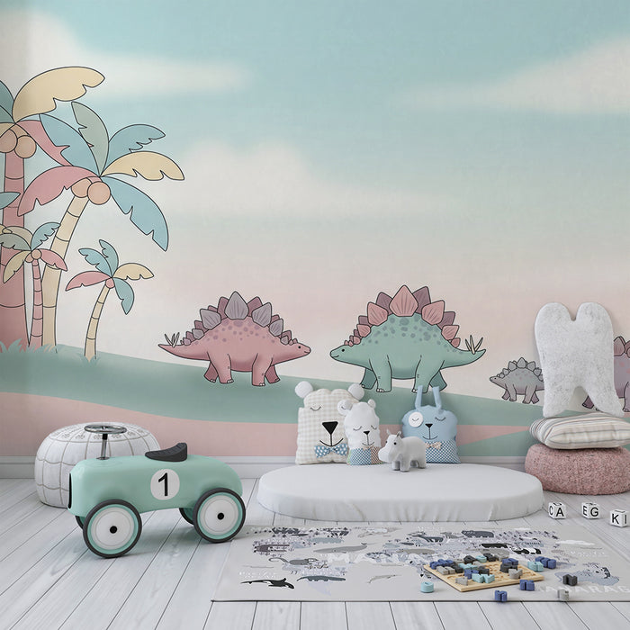 Barntapet | Söta dinosaurier under färgglada palmer