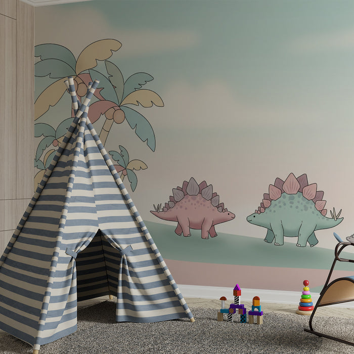 Barntapet | Söta dinosaurier under färgglada palmer