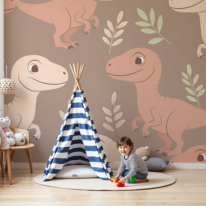 Kinderkamer behang | Schattige dinosaurussen op een beige achtergrond met delicate bladeren