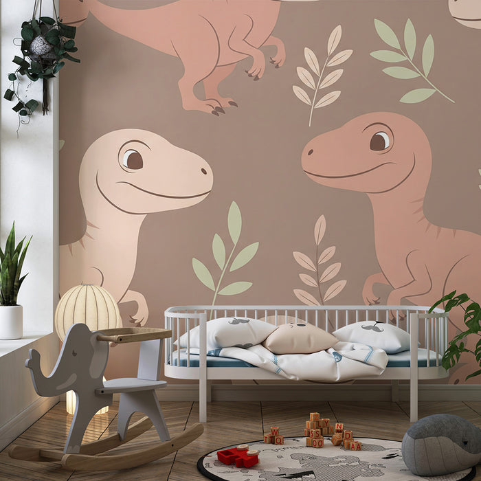 Kinderkamer behang | Schattige dinosaurussen op een beige achtergrond met delicate bladeren
