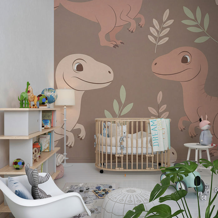 Kinderkamer behang | Schattige dinosaurussen op een beige achtergrond met delicate bladeren