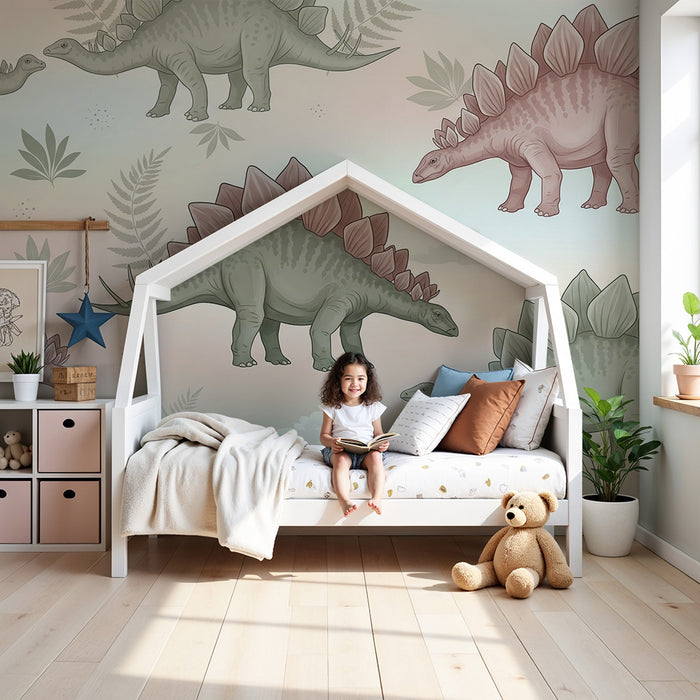 Kinderkamer behang | Stegosaurus dinosaurussen op een pastelkleurige achtergrond
