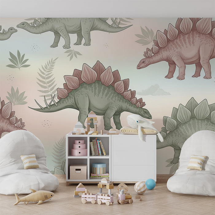 Kinderkamer behang | Stegosaurus dinosaurussen op een pastelkleurige achtergrond
