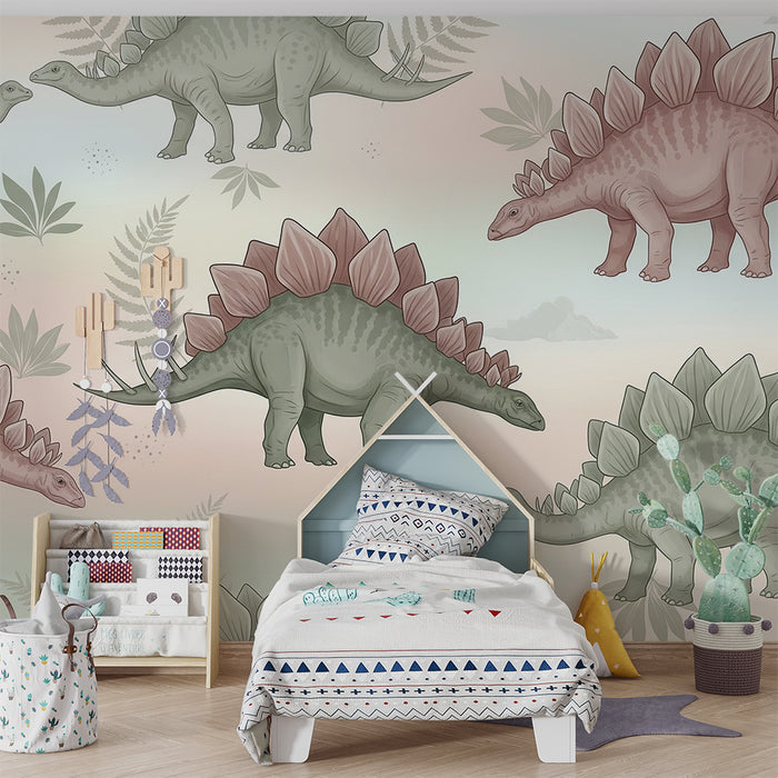 Kinderkamer behang | Stegosaurus dinosaurussen op een pastelkleurige achtergrond