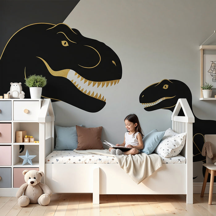 Papel de parede criança | Dinozauri stilizați în negru și aur pe fundal minimalist