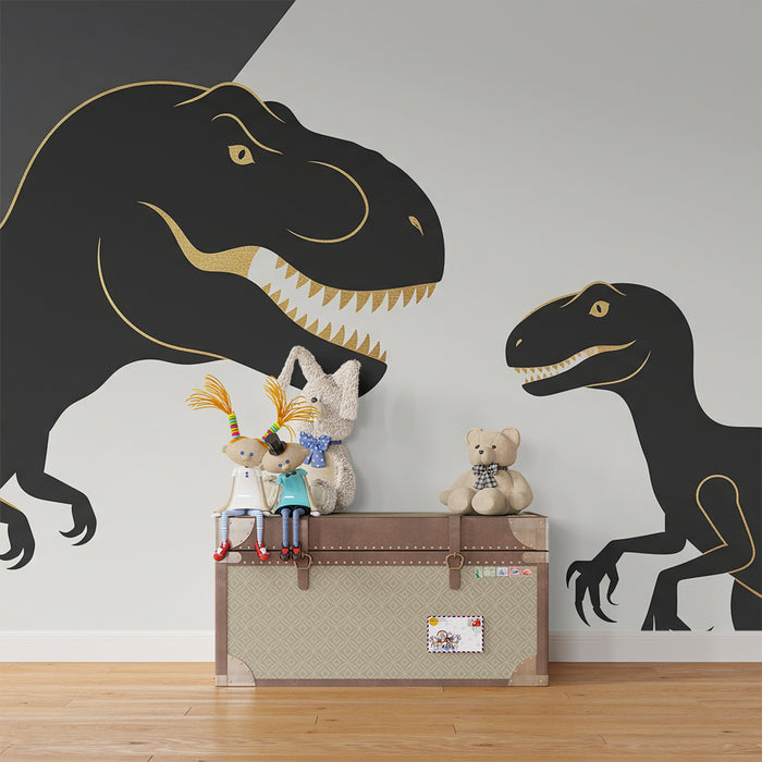 Papel de parede criança | Dinozauri stilizați în negru și aur pe fundal minimalist