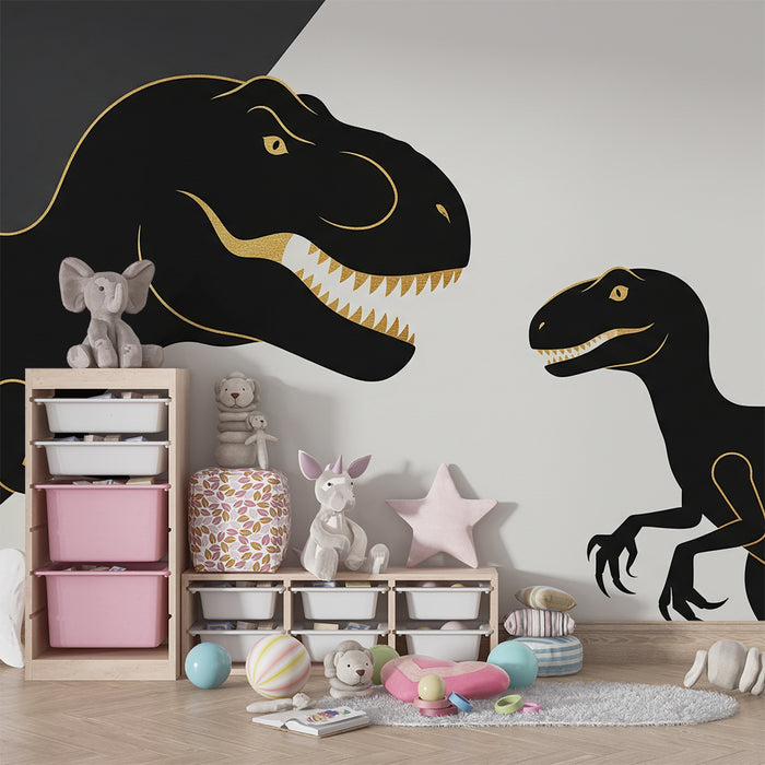 Papel de parede criança | Dinozauri stilizați în negru și aur pe fundal minimalist
