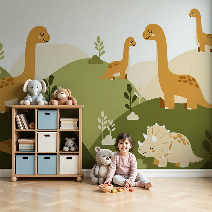 Tapeta do pokoje dziecięcego | Wesołe dinozaury na zielonych wzgórzach