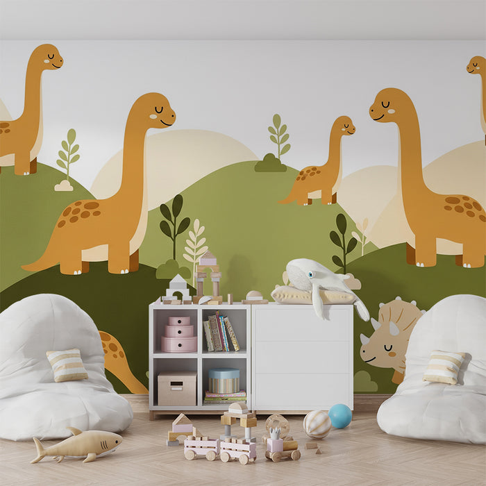 Tapeta do pokoje dziecięcego | Wesołe dinozaury na zielonych wzgórzach
