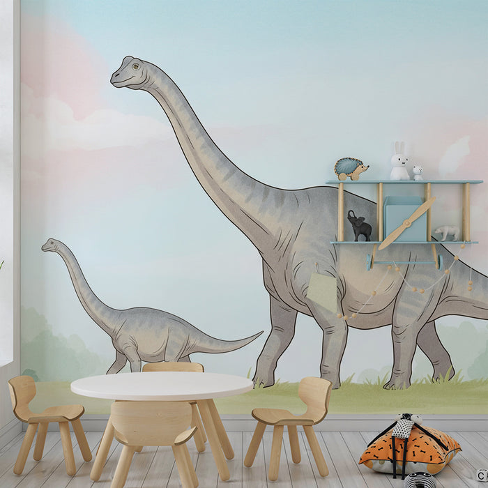 Barntapet | Diplodocus på en pastellfärgad mångfärgad bakgrund