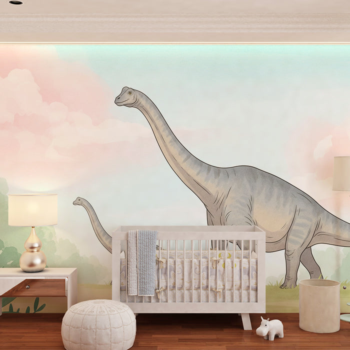 Barntapet | Diplodocus på en pastellfärgad mångfärgad bakgrund