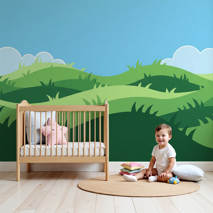 Kids room wallpaper | Jemné zelené kopce pod modrou oblohou