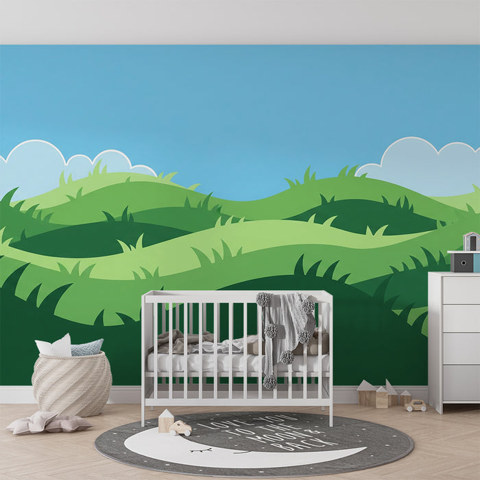 Kids room wallpaper | Jemné zelené kopce pod modrou oblohou