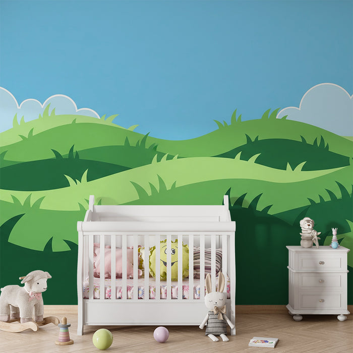 Kids room wallpaper | Jemné zelené kopce pod modrou oblohou