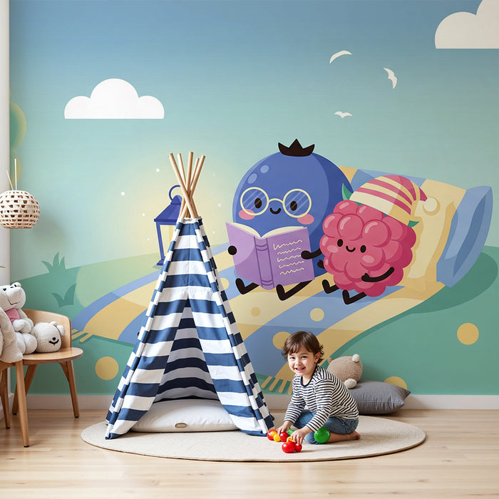 Kids' Room Wallpaper | Gentle Creatures Reading Under a Smiling Tree