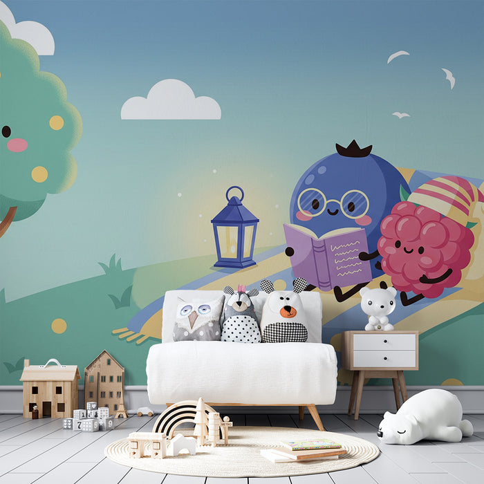 Kids' Room Wallpaper | Gentle Creatures Reading Under a Smiling Tree
