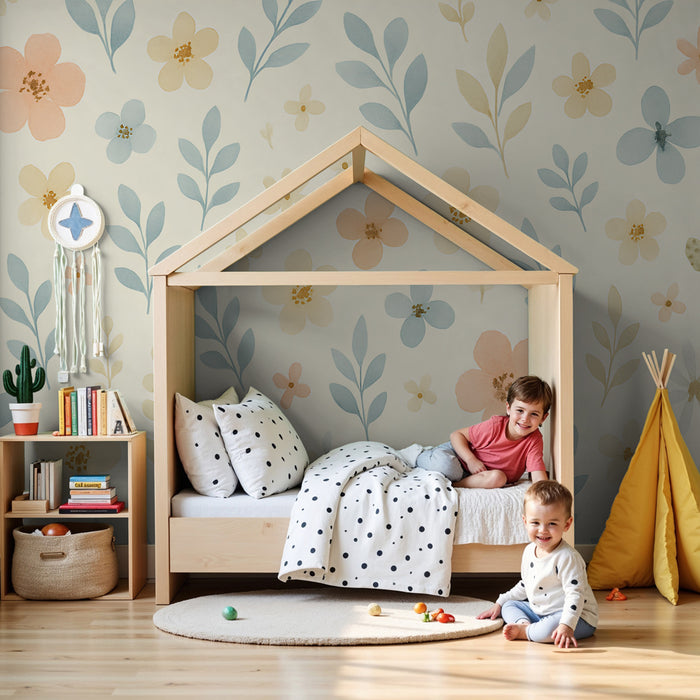 Kinderzimmer Tapete | Sanfte Blumen und pastellfarbene Blätter