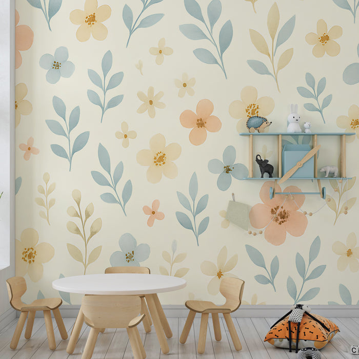 Kinderzimmer Tapete | Sanfte Blumen und pastellfarbene Blätter