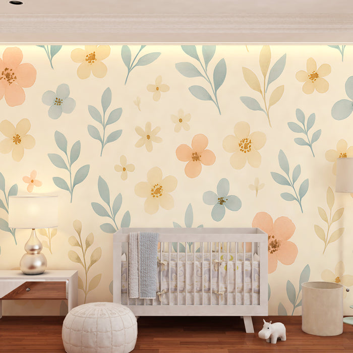 Kinderzimmer Tapete | Sanfte Blumen und pastellfarbene Blätter