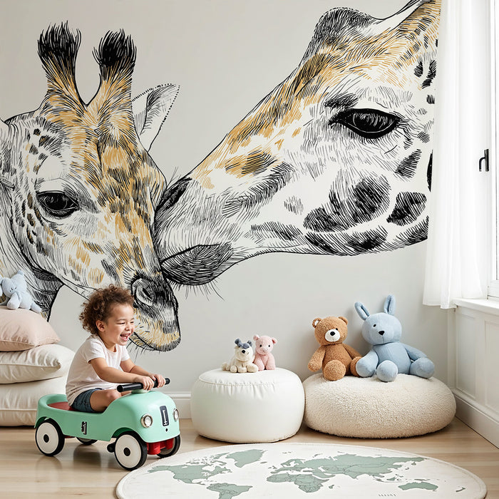 Kinderkamer behang | Zachte giraffen in schets op neutrale achtergrond