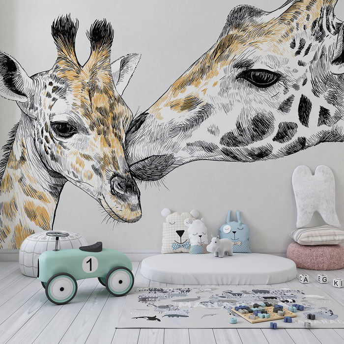 Kinderkamer behang | Zachte giraffen in schets op neutrale achtergrond