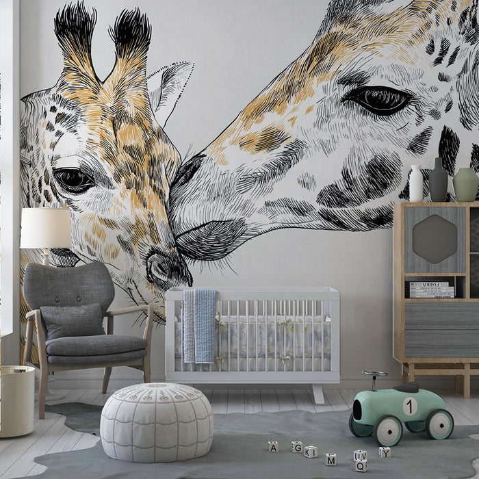 Kinderkamer behang | Zachte giraffen in schets op neutrale achtergrond