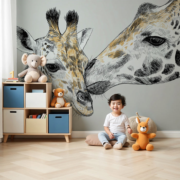 Carta da parati bambini | Dolci giraffe in schizzo su sfondo neutro