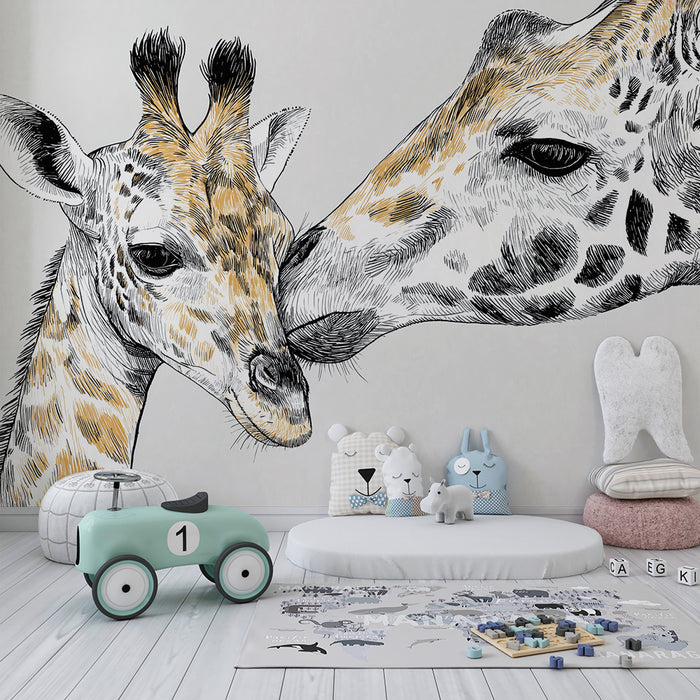 Carta da parati bambini | Dolci giraffe in schizzo su sfondo neutro
