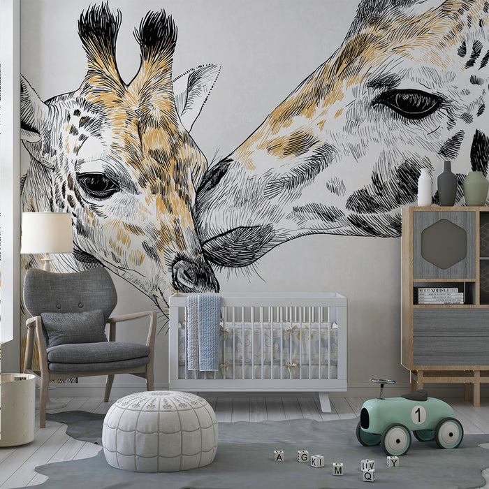 Carta da parati bambini | Dolci giraffe in schizzo su sfondo neutro