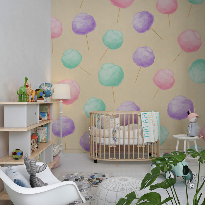 Papel de parede para quarto de criança | Suavidade de algodão-doce colorido sobre fundo pastel