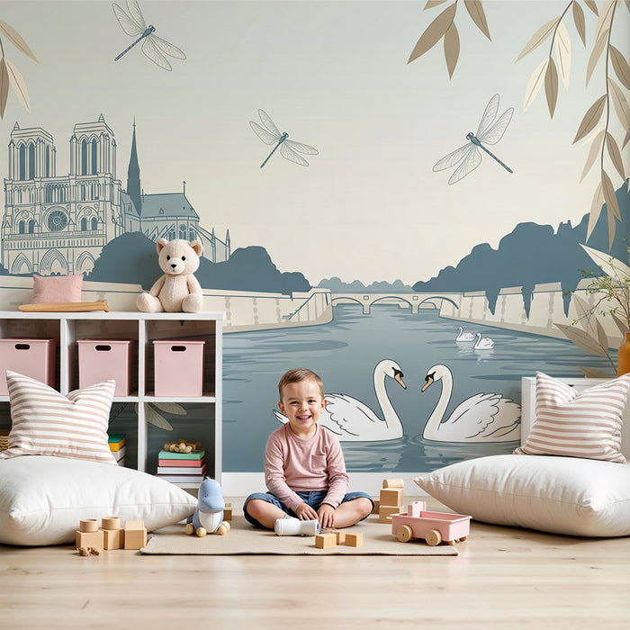 Papier peint chambre enfant | Douceur des cygnes et architecture parisienne
