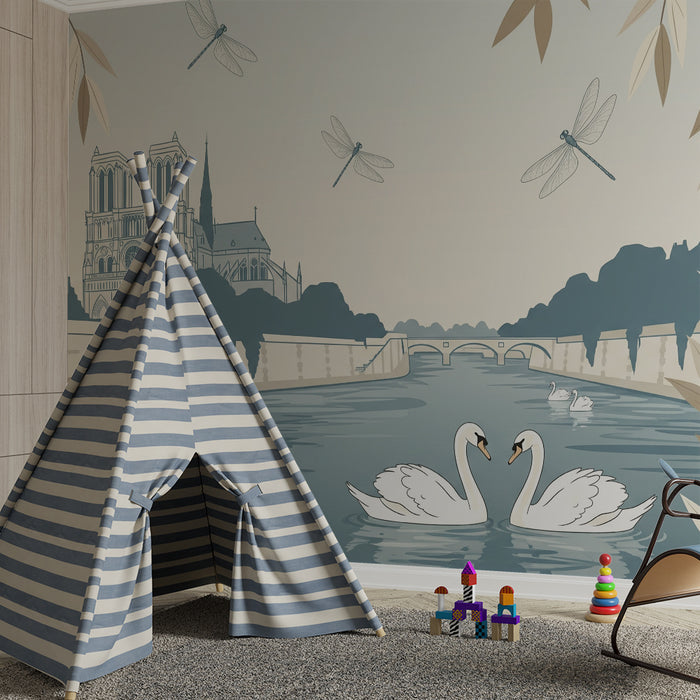 Papier peint chambre enfant | Douceur des cygnes et architecture parisienne