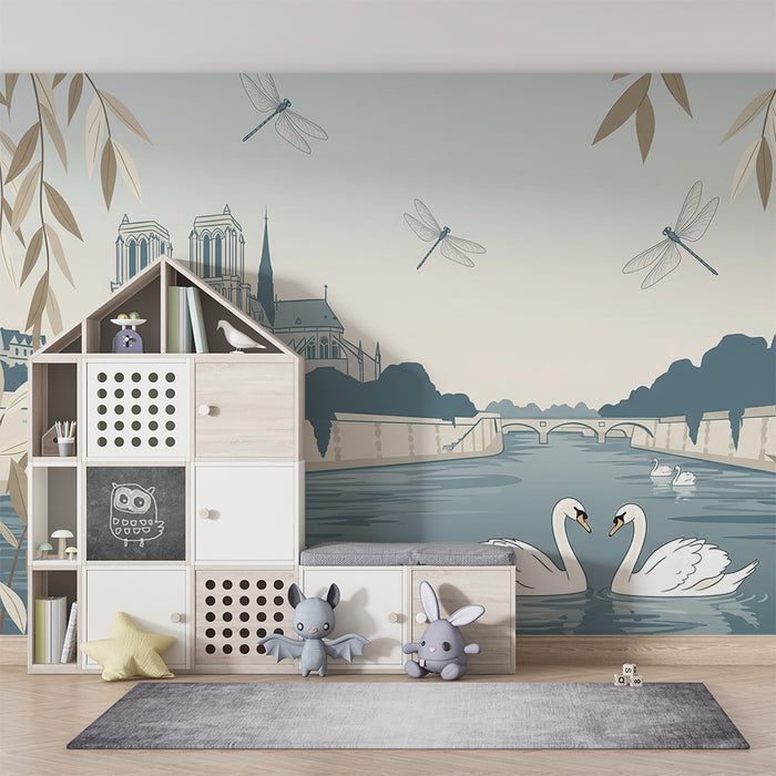 Papier peint chambre enfant | Douceur des cygnes et architecture parisienne