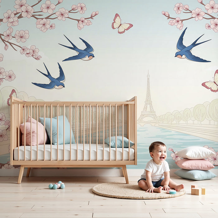 Papier peint chambre enfant | Douceur printanière avec oiseaux et cerisiers en fleurs